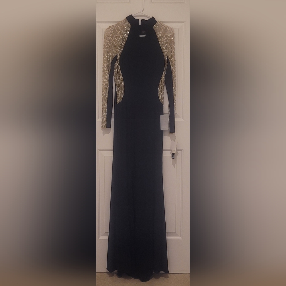 Sophisticated Black Dress with Gold Embellished Sleeves
